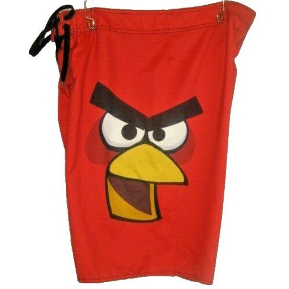 Mens Angry Bird Red Unlined Flat Front Swim Board Shorts sz 34x10